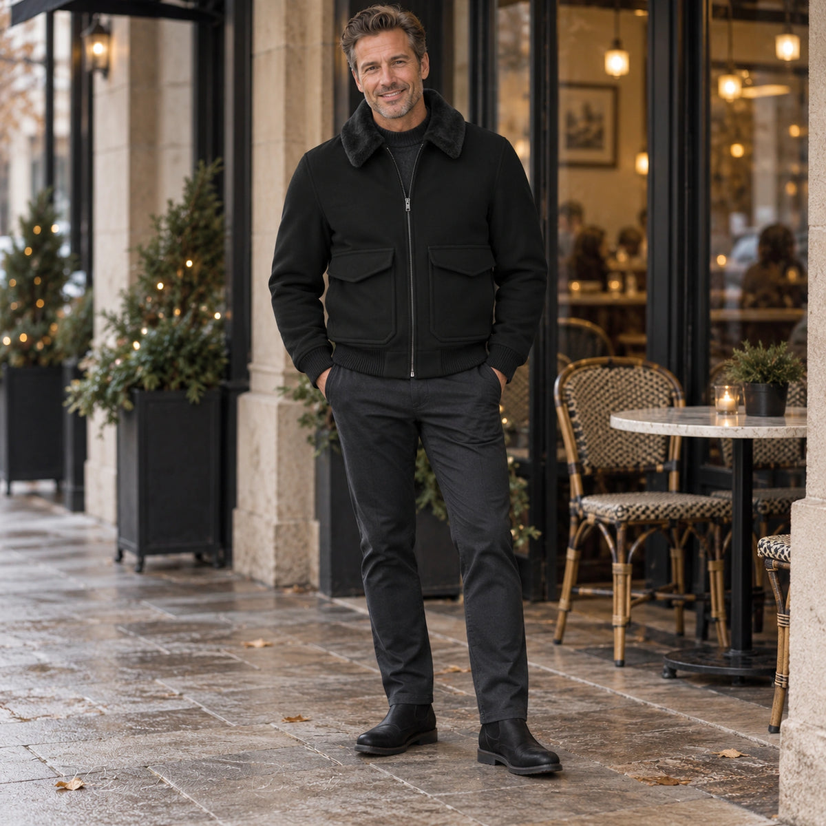 Men's Faux Fur Collar Bomber Jacket — Noah — Black — full outfit while standing naturally by a sheltered elegant — view 6