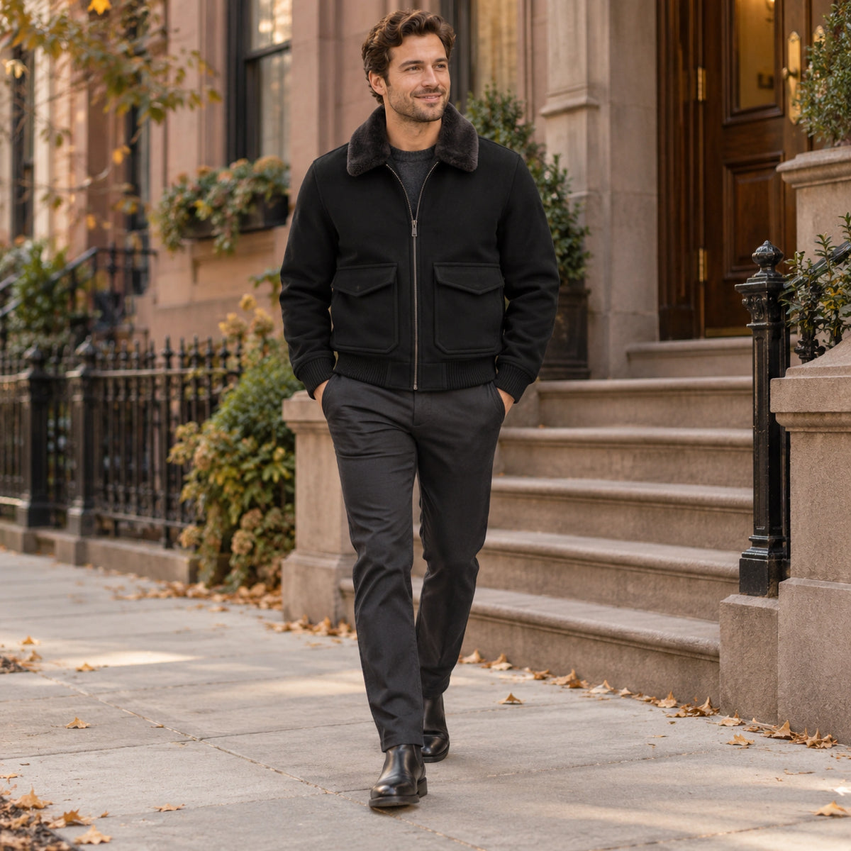Men's Faux Fur Collar Bomber Jacket — Noah — Black — full outfit walking slowly along a tasteful US residential — view 7