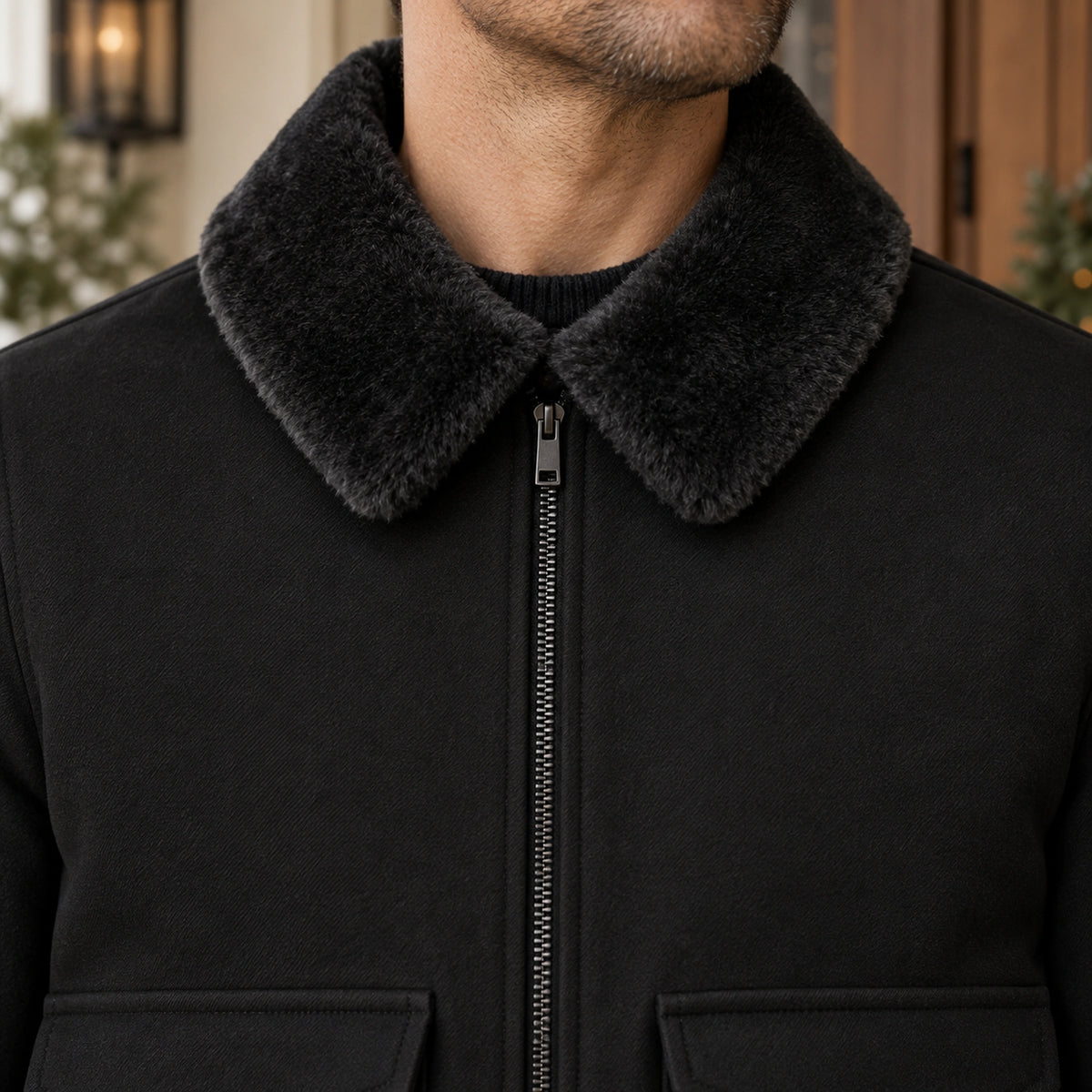 Men's Faux Fur Collar Bomber Jacket — Noah — Black — close up of the dark plush fold and upper zipper — view 8