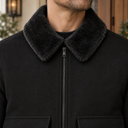 Men's Faux Fur Collar Bomber Jacket — Noah — Black — close up of the dark plush fold and upper zipper — view 8