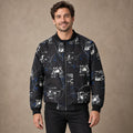 Men's Graphic Print Bomber Jacket — Enzo — Black and Blue — complete front view, image