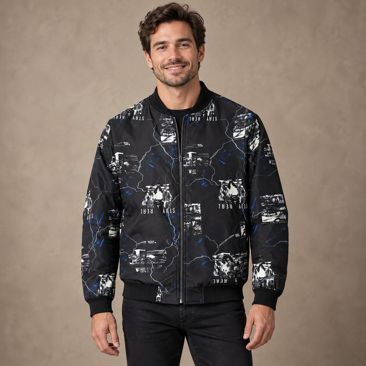 Men's Graphic Print Bomber Jacket — Enzo — Black and Blue — complete front view, image
