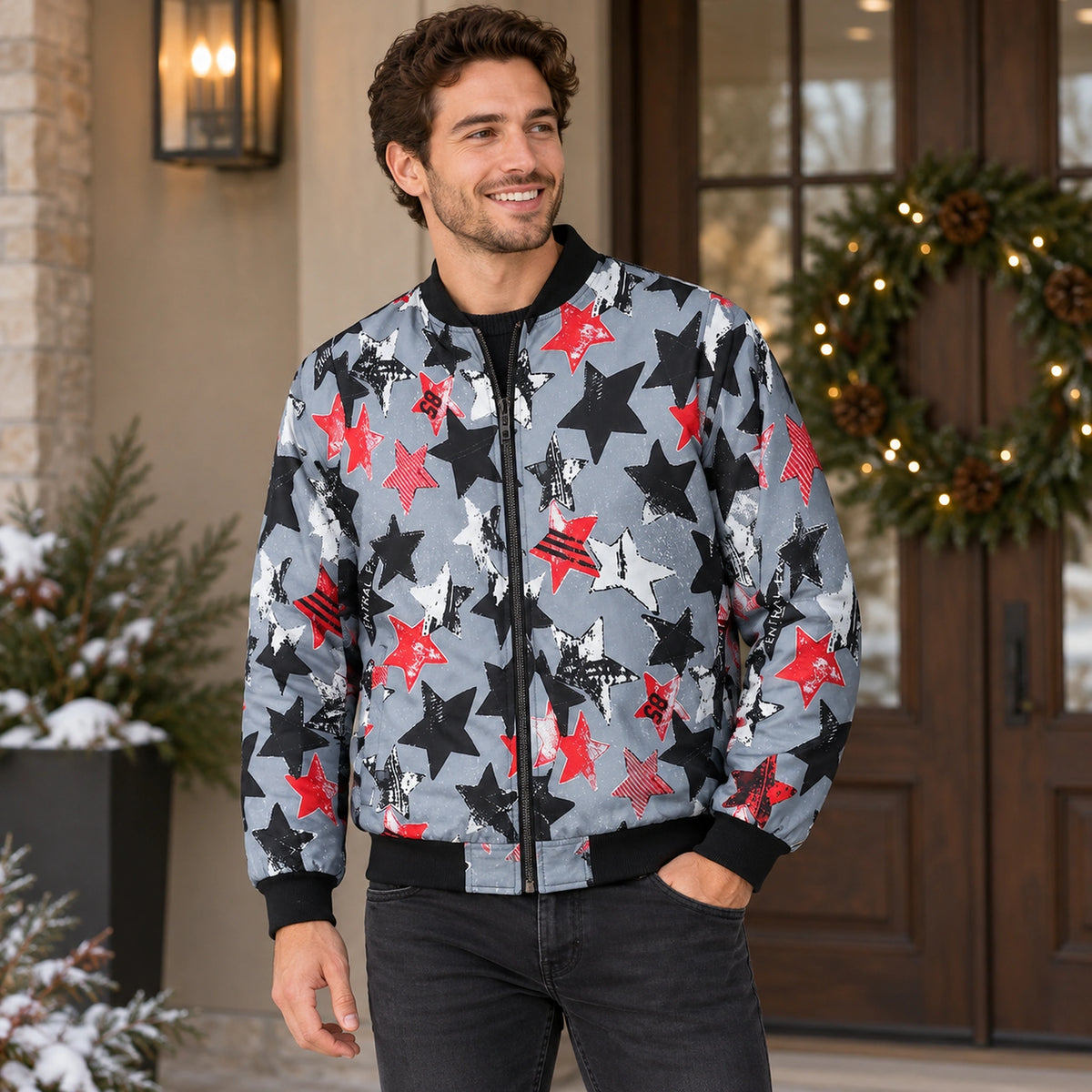 Men's Graphic Print Bomber Jacket — Enzo — Gray and Red Stars — complete garment from a shallow 20 degree front — view 10
