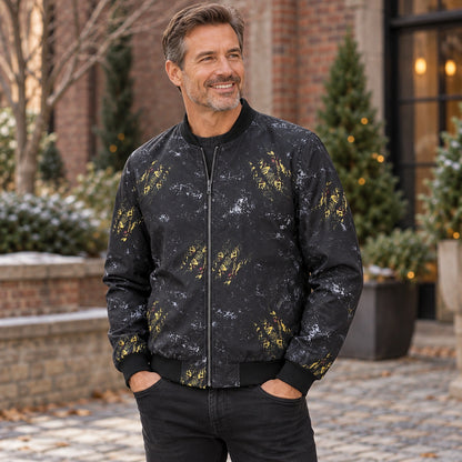 Men's Graphic Print Bomber Jacket — Enzo — Black and Gold Tiger — complete garment from a shallow 20 degree front — view 11