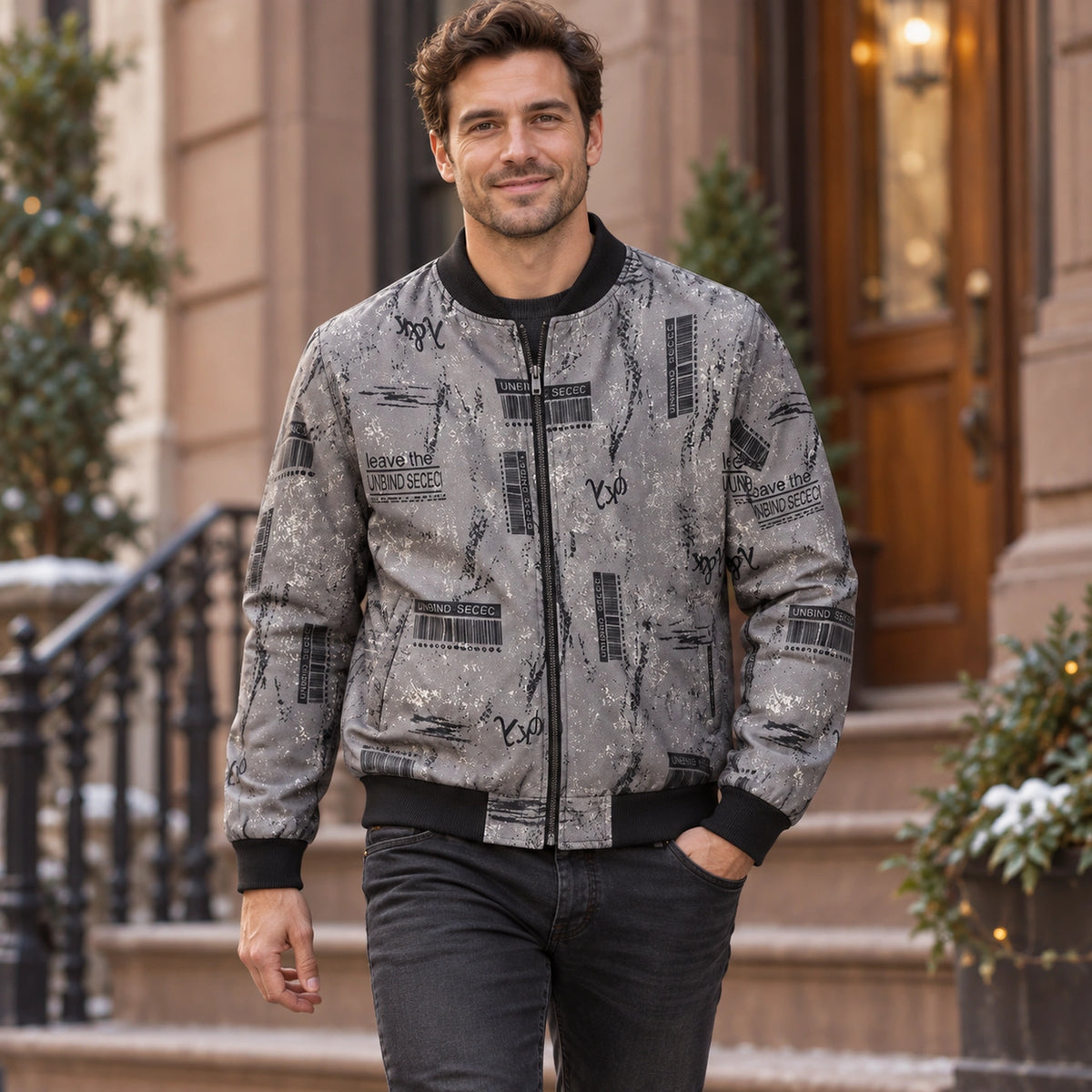 Men's Graphic Print Bomber Jacket — Enzo — Gray Barcode — complete garment in a gentle walking pose toward camera — view 12