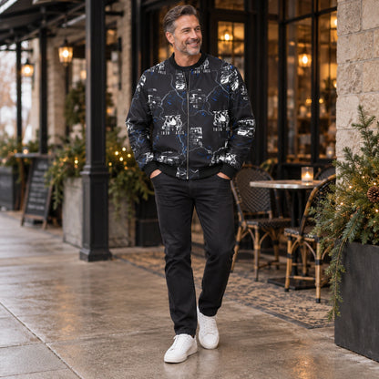 Men's Graphic Print Bomber Jacket — Enzo — Black and Blue — full outfit while standing naturally by a sheltered — view 13