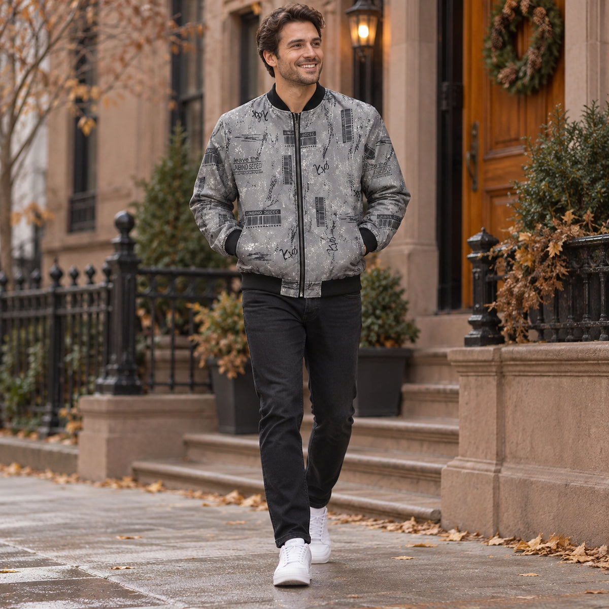 Men's Graphic Print Bomber Jacket — Enzo — Gray Barcode — full outfit walking slowly along a tasteful US — view 14