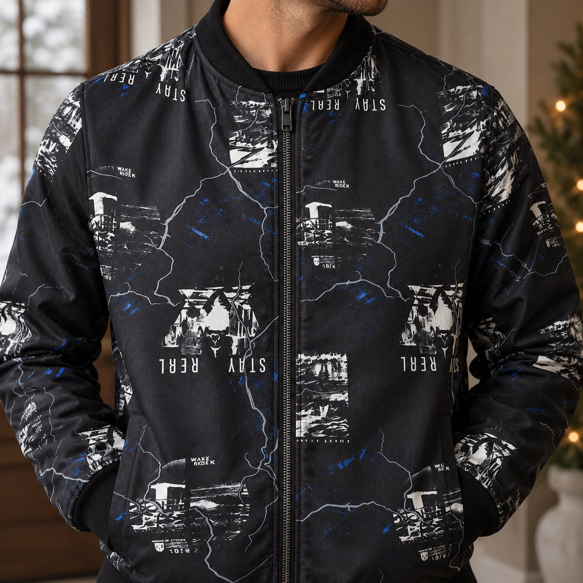 Men's Graphic Print Bomber Jacket — Enzo — Black and Blue — close up of the exact white at chest — view 15