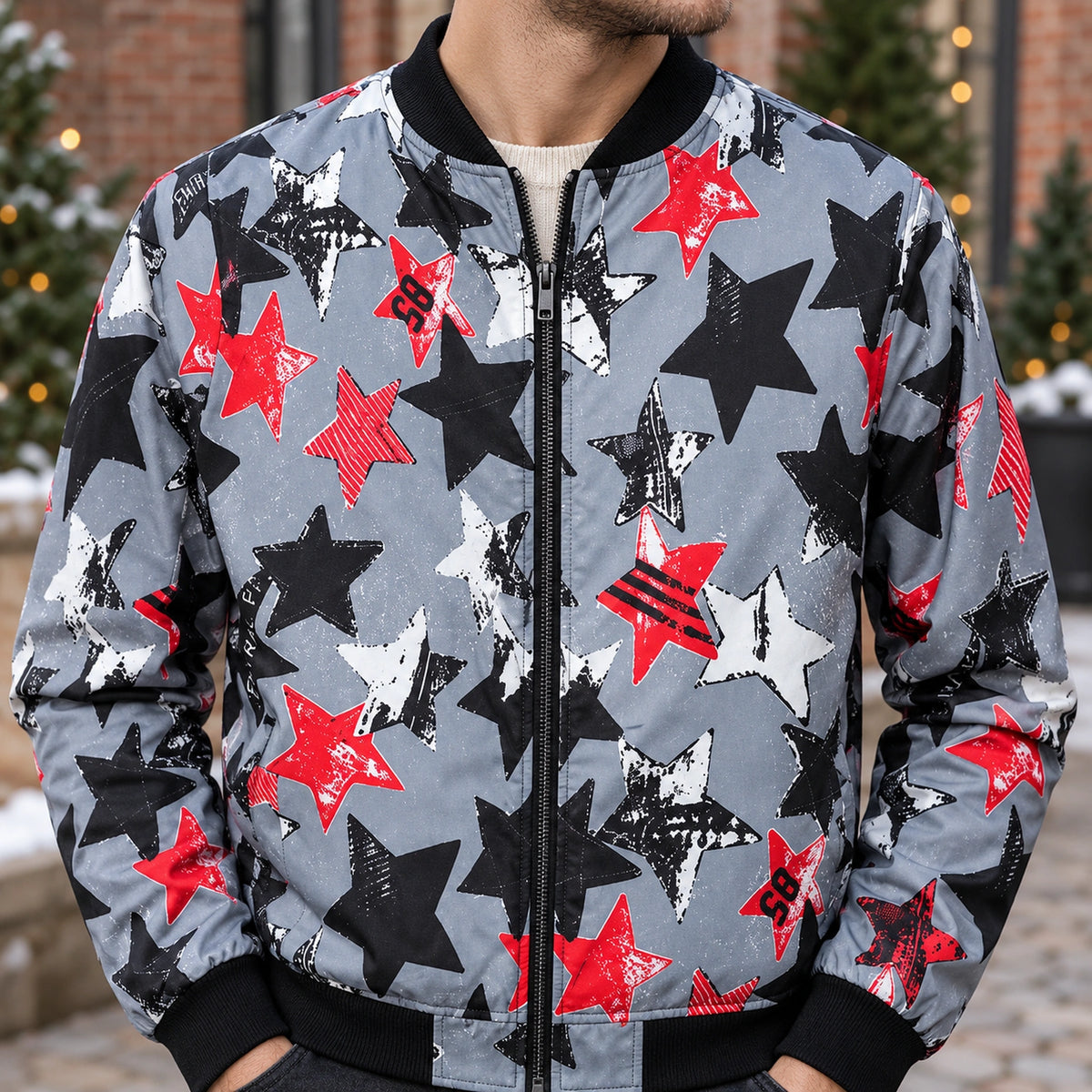 Men's Graphic Print Bomber Jacket — Enzo — Gray and Red Stars — close up of the black star rib neckline — view 16