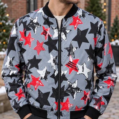 Men's Graphic Print Bomber Jacket — Enzo — Gray and Red Stars — close up of the black star rib neckline — view 16