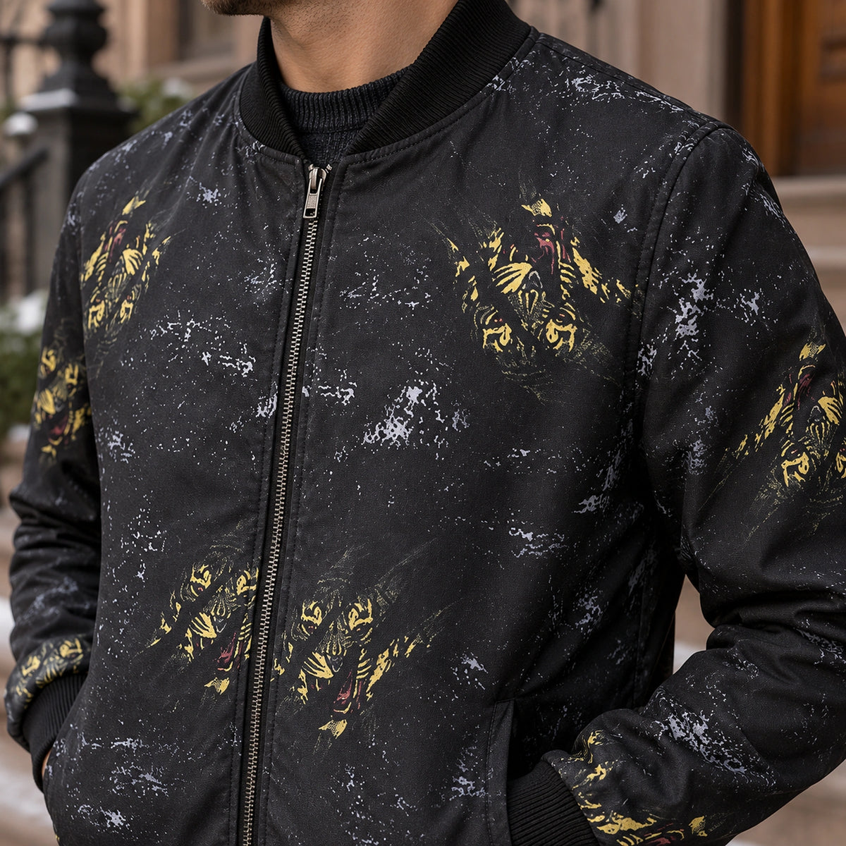 Men's Graphic Print Bomber Jacket — Enzo — Black and Gold Tiger — close up of one exact golden head motif shell — view 17