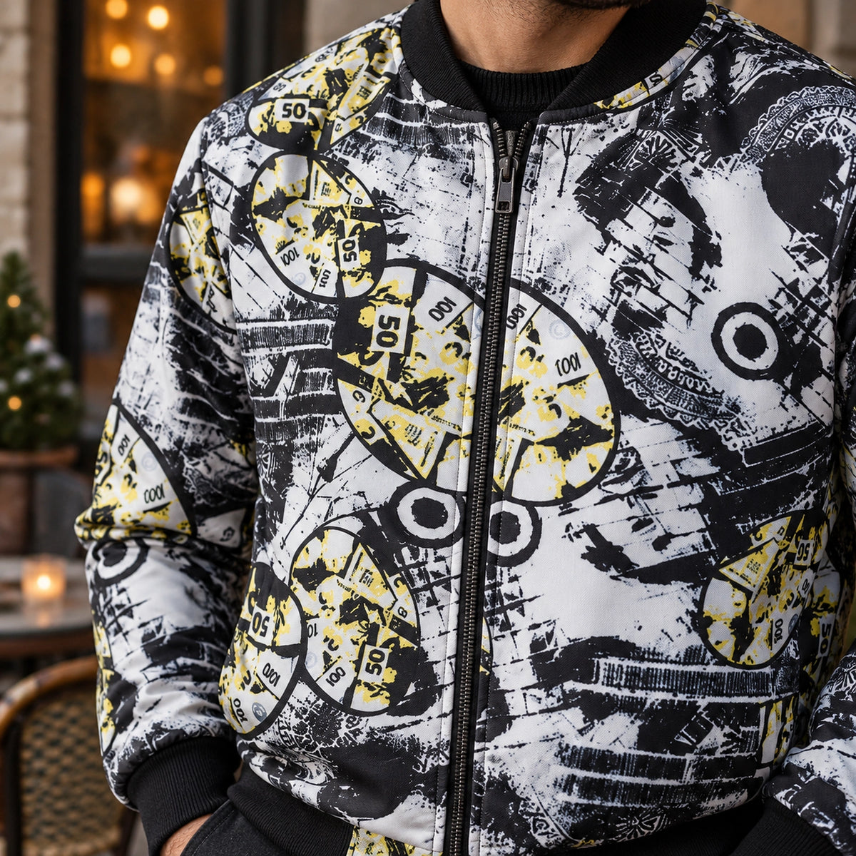 Men's Graphic Print Bomber Jacket — Enzo — White and Yellow — close up of the circular beside center zipper — view 18