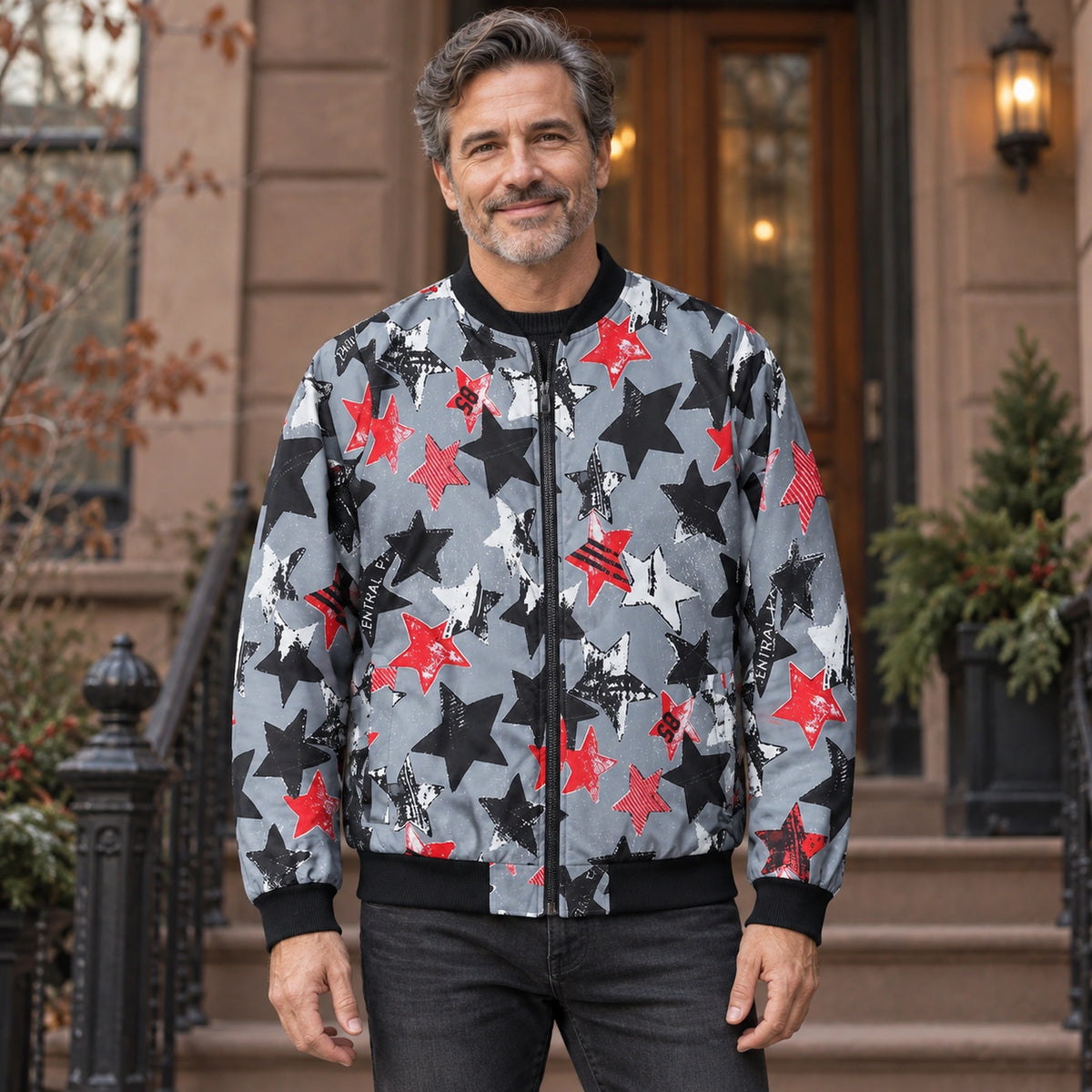 Men's Graphic Print Bomber Jacket — Enzo — Gray and Red Stars — complete front view, product focused image — view 2