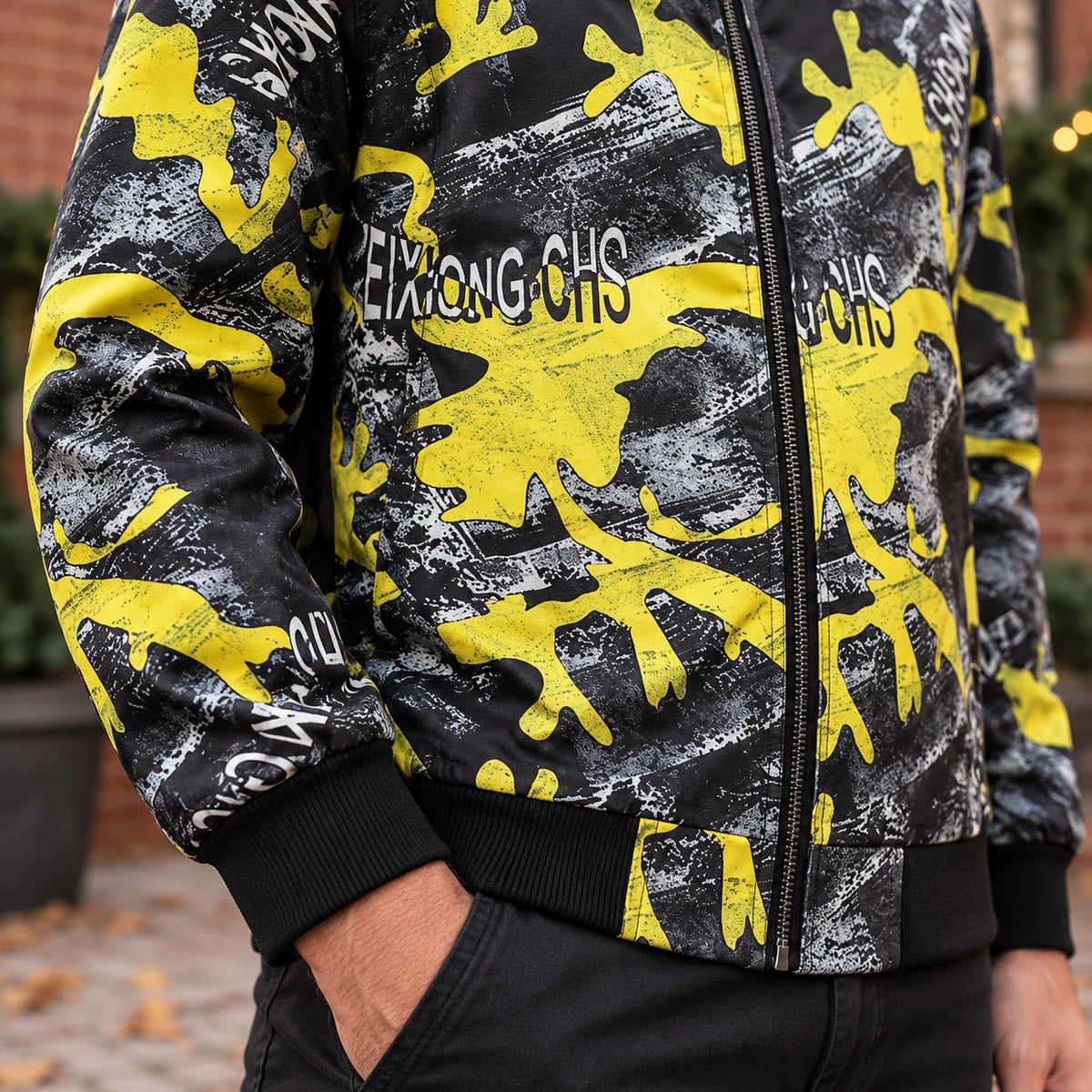 Men's Graphic Print Bomber Jacket — Enzo — Yellow and Black Abstract — close up of the beside rib hem — view 20
