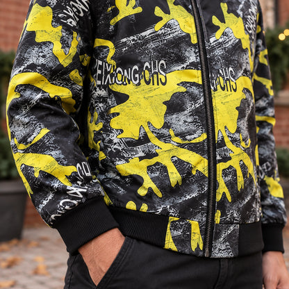 Men's Graphic Print Bomber Jacket — Enzo — Yellow and Black Abstract — close up of the beside rib hem — view 20
