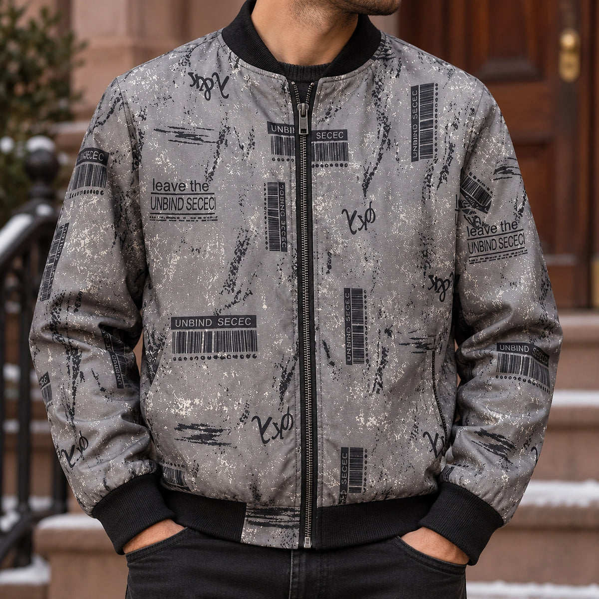 Men's Graphic Print Bomber Jacket — Enzo — Gray Barcode — close up of the and straight center zipper — view 21