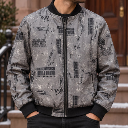 Men's Graphic Print Bomber Jacket — Enzo — Gray Barcode — close up of the and straight center zipper — view 21