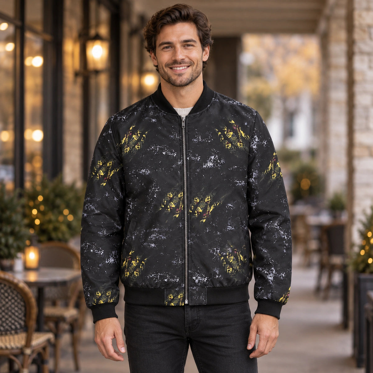 Men's Graphic Print Bomber Jacket — Enzo — Black and Gold Tiger — complete front view, product focused image — view 3