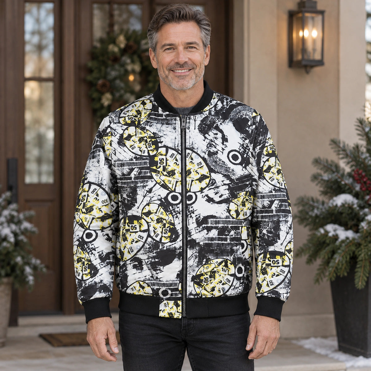 Men's Graphic Print Bomber Jacket — Enzo — White and Yellow — complete front view, product focused image — view 4