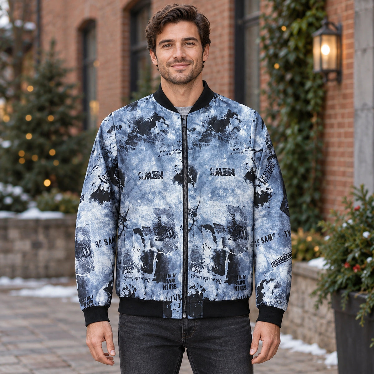 Men's Graphic Print Bomber Jacket — Enzo — Light Blue — complete front view, product focused image — view 5