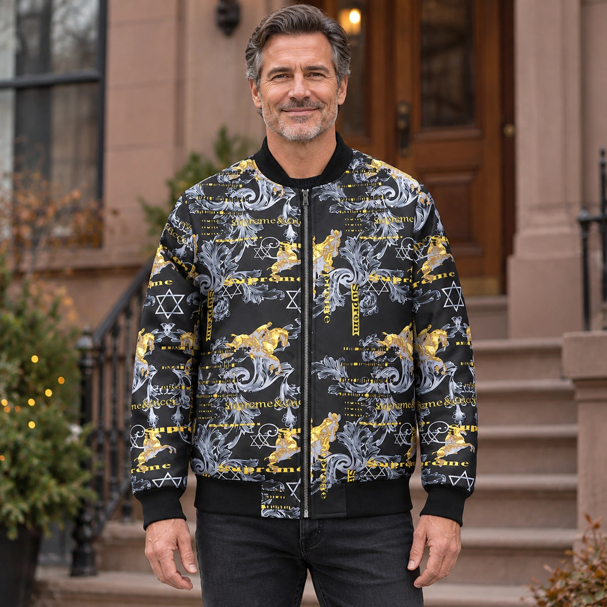 Men's Graphic Print Bomber Jacket — Enzo — Black and Gold Baroque — complete front view, product focused image — view 6