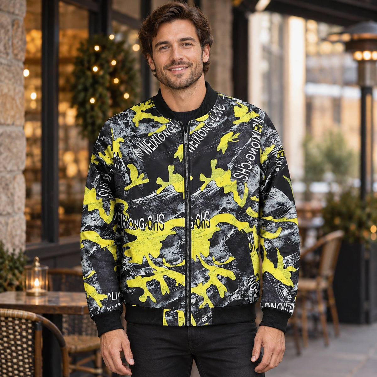 Men's Graphic Print Bomber Jacket — Enzo — Yellow and Black Abstract — complete front view, product focused image — view 7