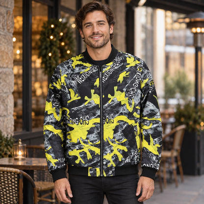Men's Graphic Print Bomber Jacket — Enzo — Yellow and Black Abstract — complete front view, product focused image — view 7