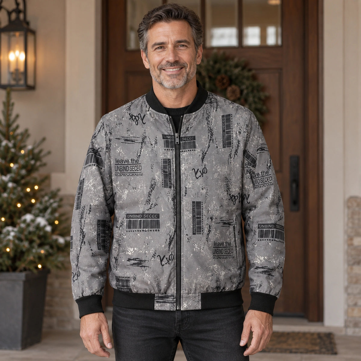 Men's Graphic Print Bomber Jacket — Enzo — Gray Barcode — complete front view, product focused image — view 8