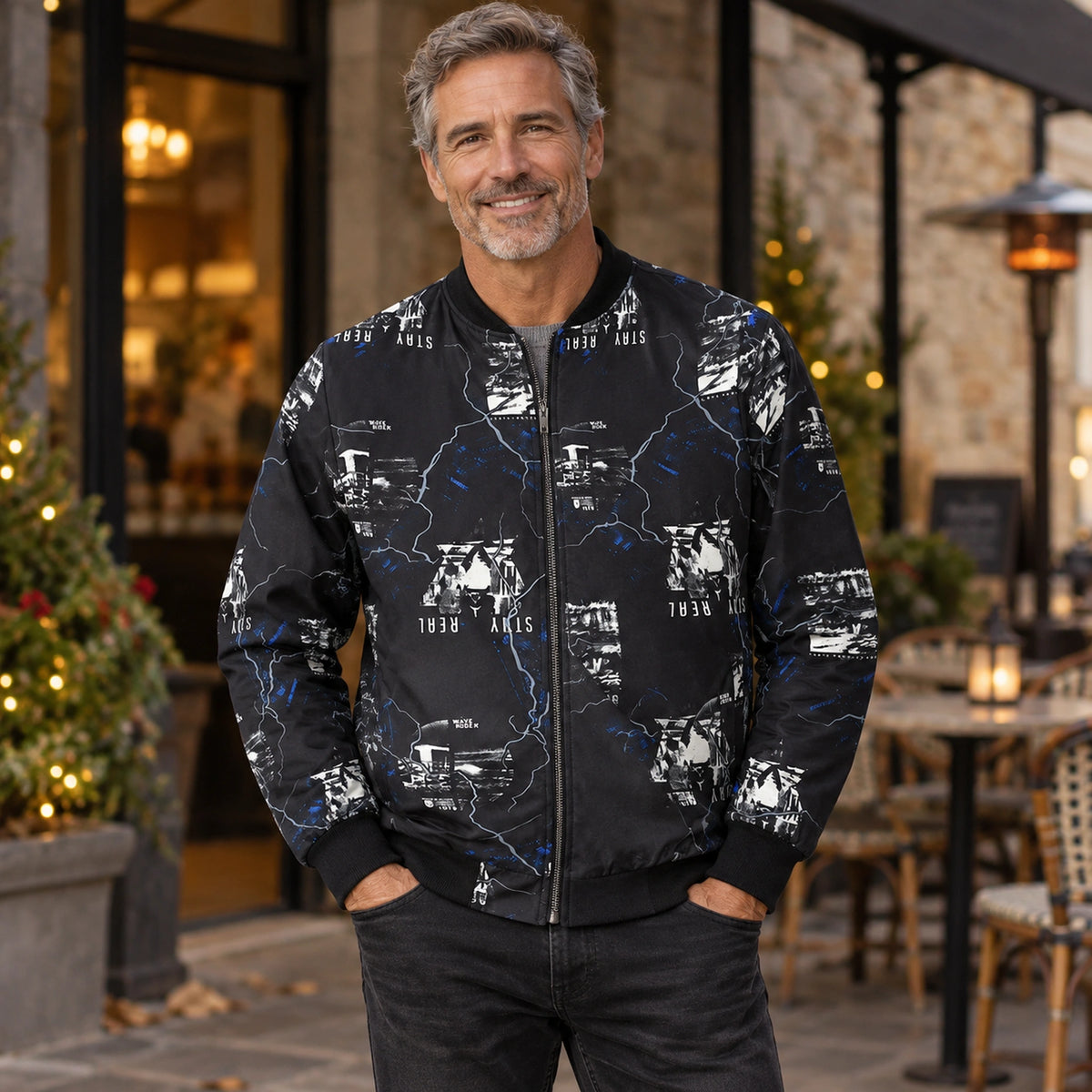 Men's Graphic Print Bomber Jacket — Enzo — Black and Blue — straight complete front view on an older model, relaxed — view 9