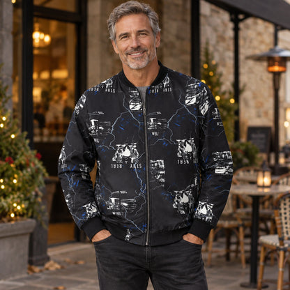 Men's Graphic Print Bomber Jacket — Enzo — Black and Blue — straight complete front view on an older model, relaxed — view 9