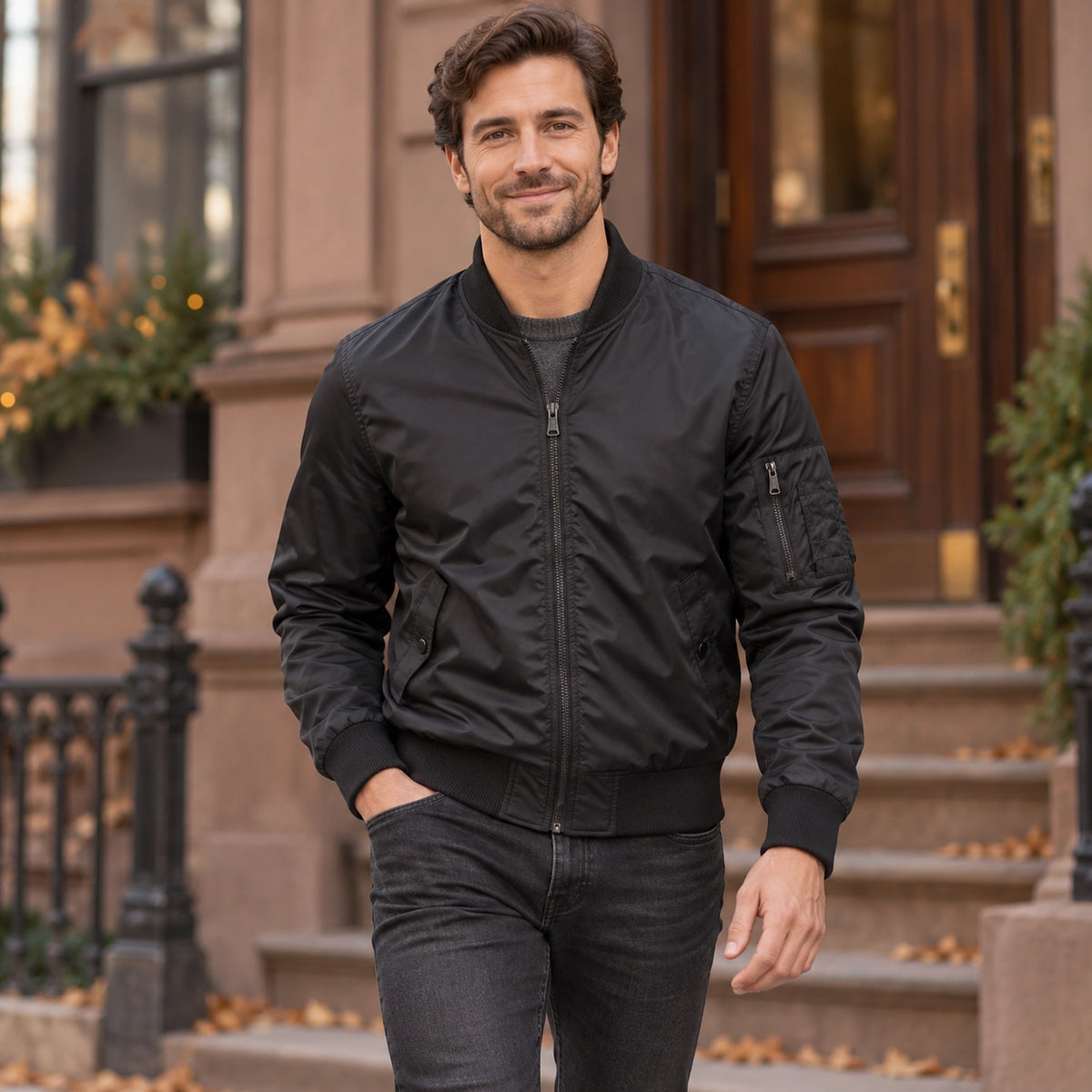 Men's Lightweight Utility Bomber Jacket — Hector — Black — complete garment in a gentle walking pose toward camera — view 10