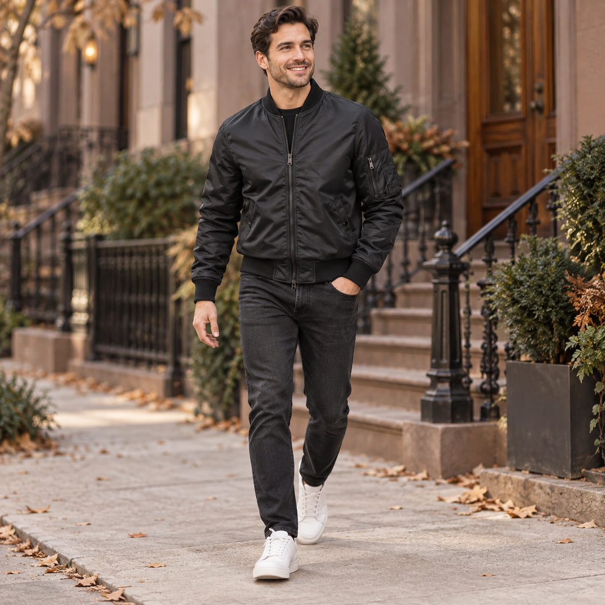 Men's Lightweight Utility Bomber Jacket — Hector — Black — full outfit walking slowly along a tasteful US — view 12