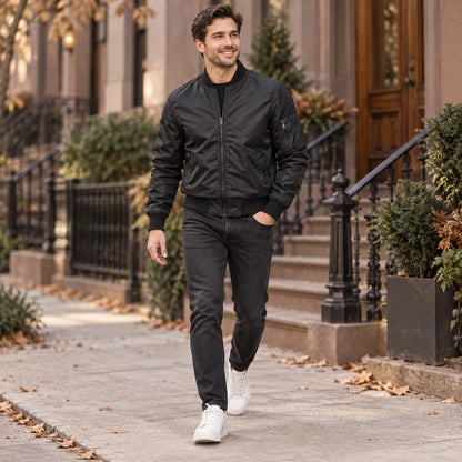 Men's Lightweight Utility Bomber Jacket — Hector — Black — full outfit walking slowly along a tasteful US — view 12