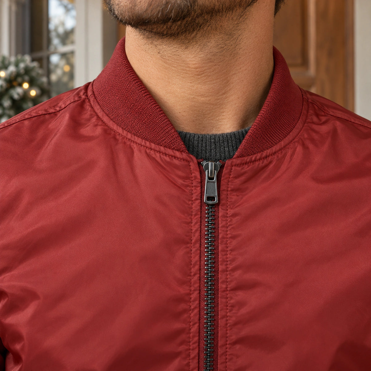 Men's Lightweight Utility Bomber Jacket — Hector — Brick Red — close up of the rib collar and dark front zipper — view 13