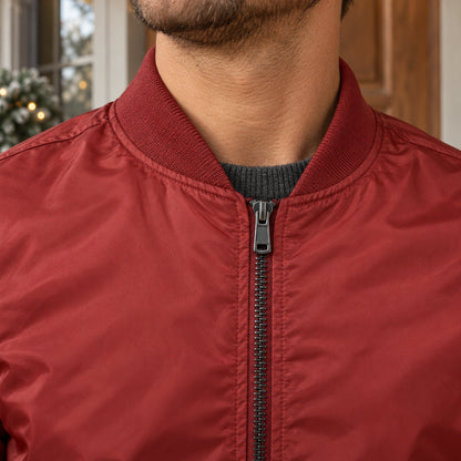 Men's Lightweight Utility Bomber Jacket — Hector — Brick Red — close up of the rib collar and dark front zipper — view 13