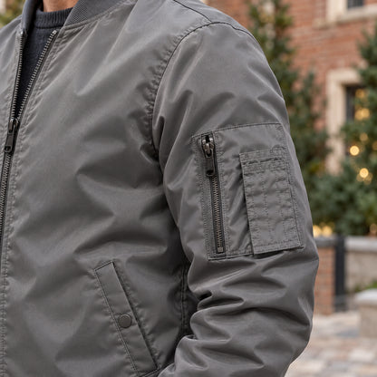 Men's Lightweight Utility Bomber Jacket — Hector — Gray — close up of the sleeve zipper and pen slot construction — view 14