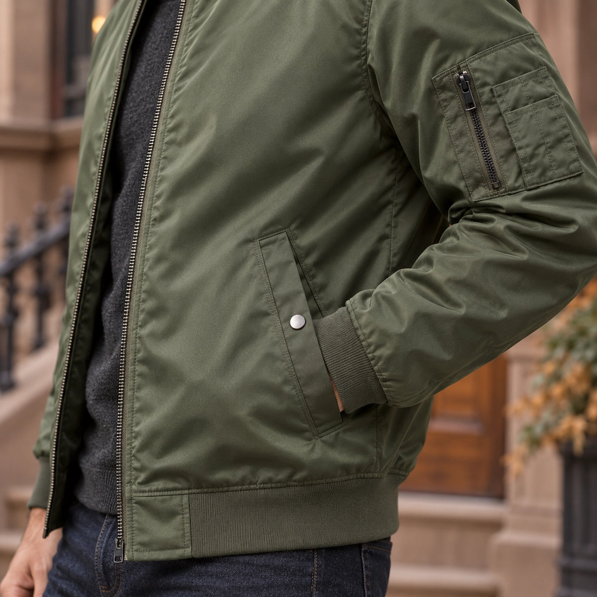 Men's Lightweight Utility Bomber Jacket — Hector — Olive Green — close up of the snap flap side pocket — view 15