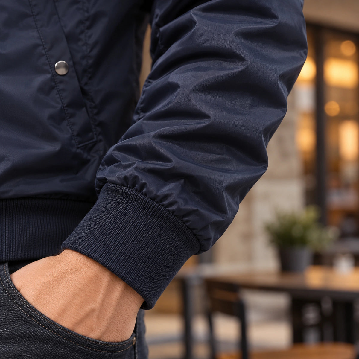 Men's Lightweight Utility Bomber Jacket — Hector — Navy — close up of the rib cuff and gathered sleeve — view 16