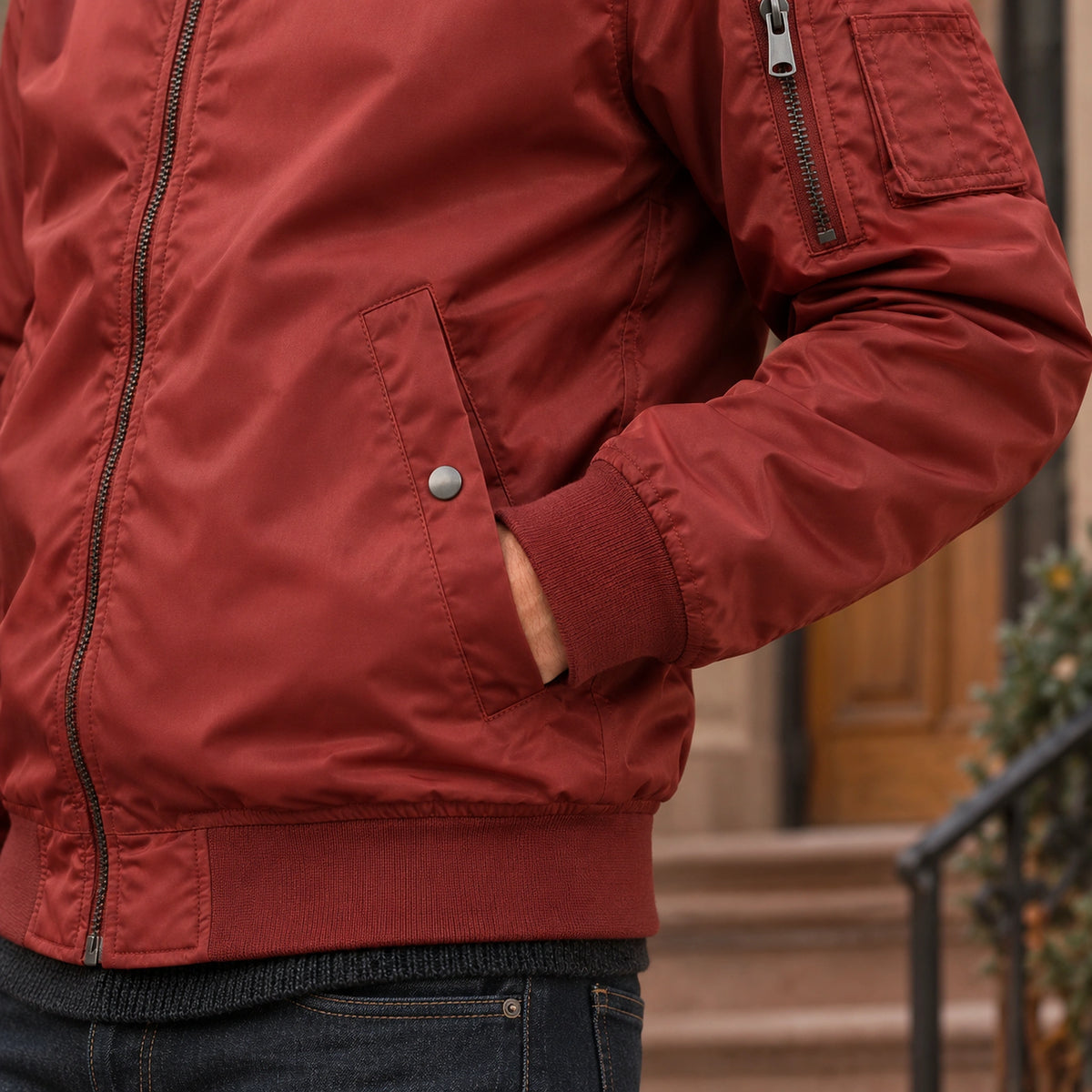 Men's Lightweight Utility Bomber Jacket — Hector — Brick Red — close up of the front pocket snap and stitching — view 19