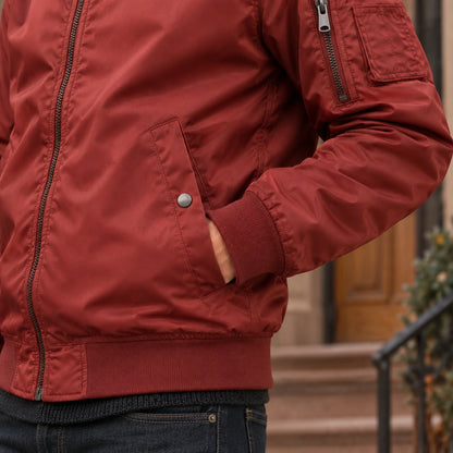 Men's Lightweight Utility Bomber Jacket — Hector — Brick Red — close up of the front pocket snap and stitching — view 19