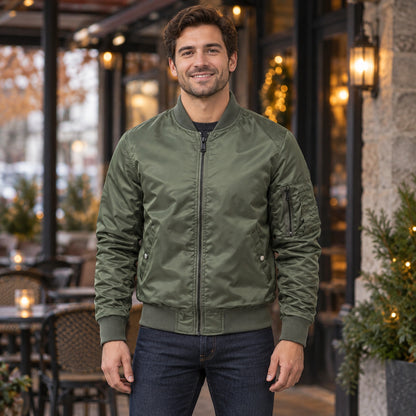 Men's Lightweight Utility Bomber Jacket — Hector — Olive Green — complete front view, product focused image — view 3