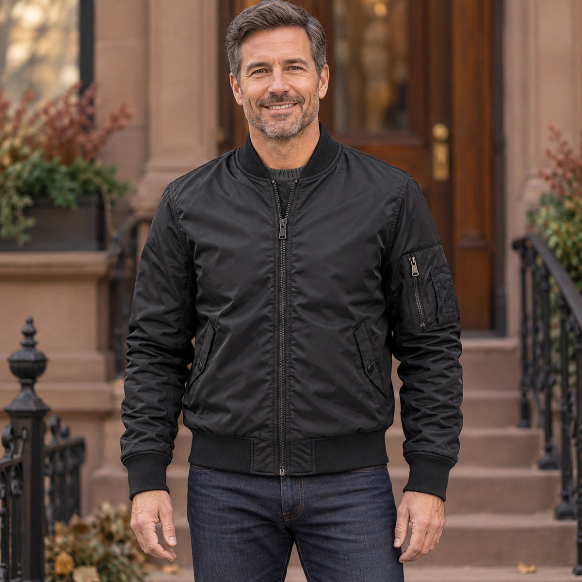 Men's Lightweight Utility Bomber Jacket — Hector — Black — complete front view, product focused image — view 6