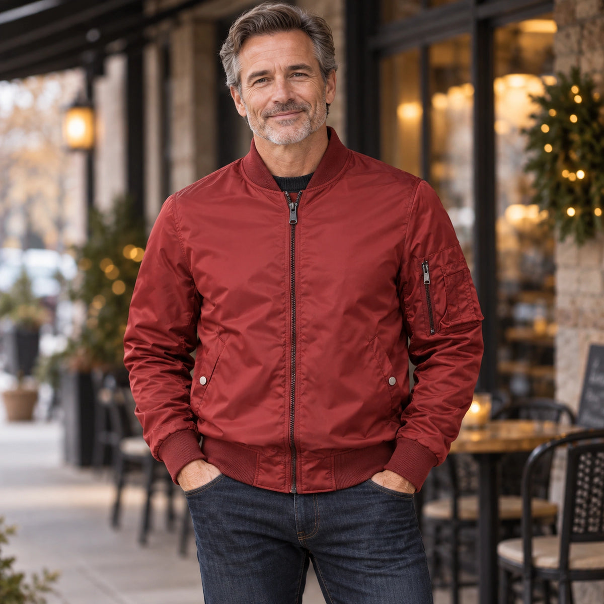 Men's Lightweight Utility Bomber Jacket — Hector — Brick Red — straight complete front view on an older model — view 7
