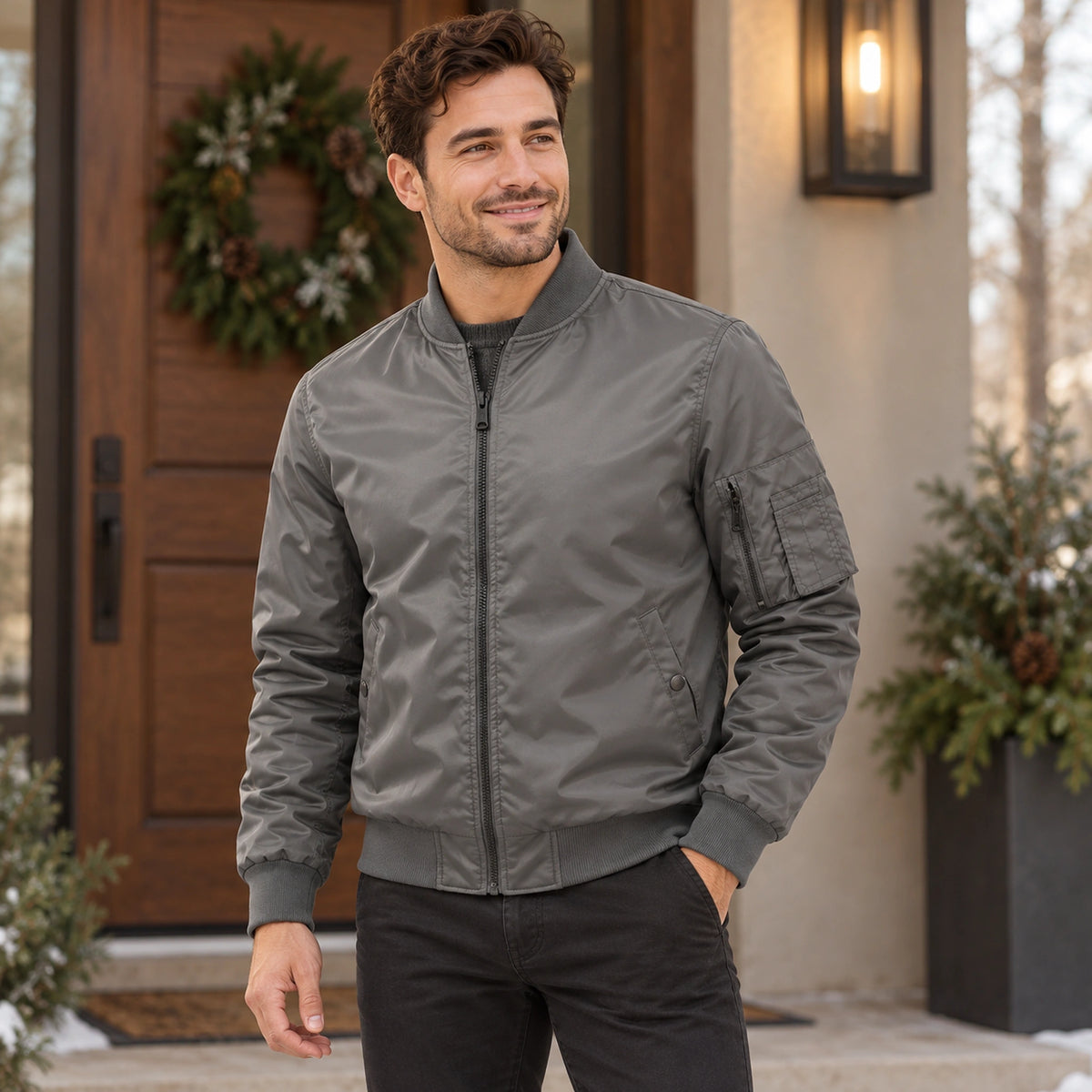 Men's Lightweight Utility Bomber Jacket — Hector — Gray — complete garment from a shallow 20 degree front left — view 8