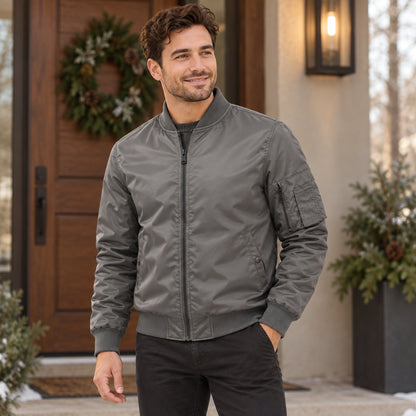 Men's Lightweight Utility Bomber Jacket — Hector — Gray — complete garment from a shallow 20 degree front left — view 8