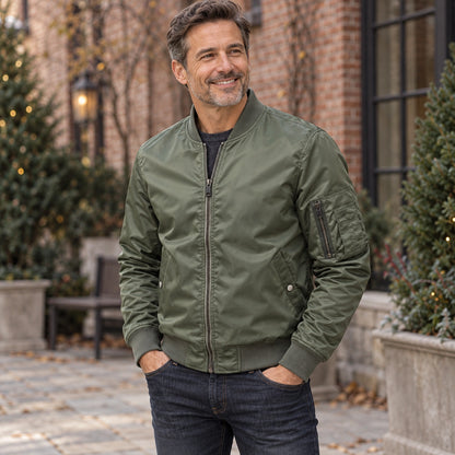Men's Lightweight Utility Bomber Jacket — Hector — Olive Green — complete garment from a shallow 20 degree front — view 9