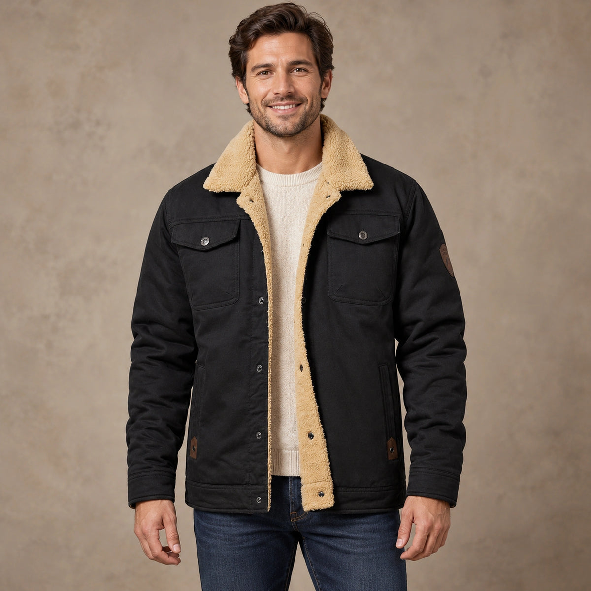 bomber jacket — Men's Sherpa Lined Snap Front Jacket — Logan — Black — complete view, image
