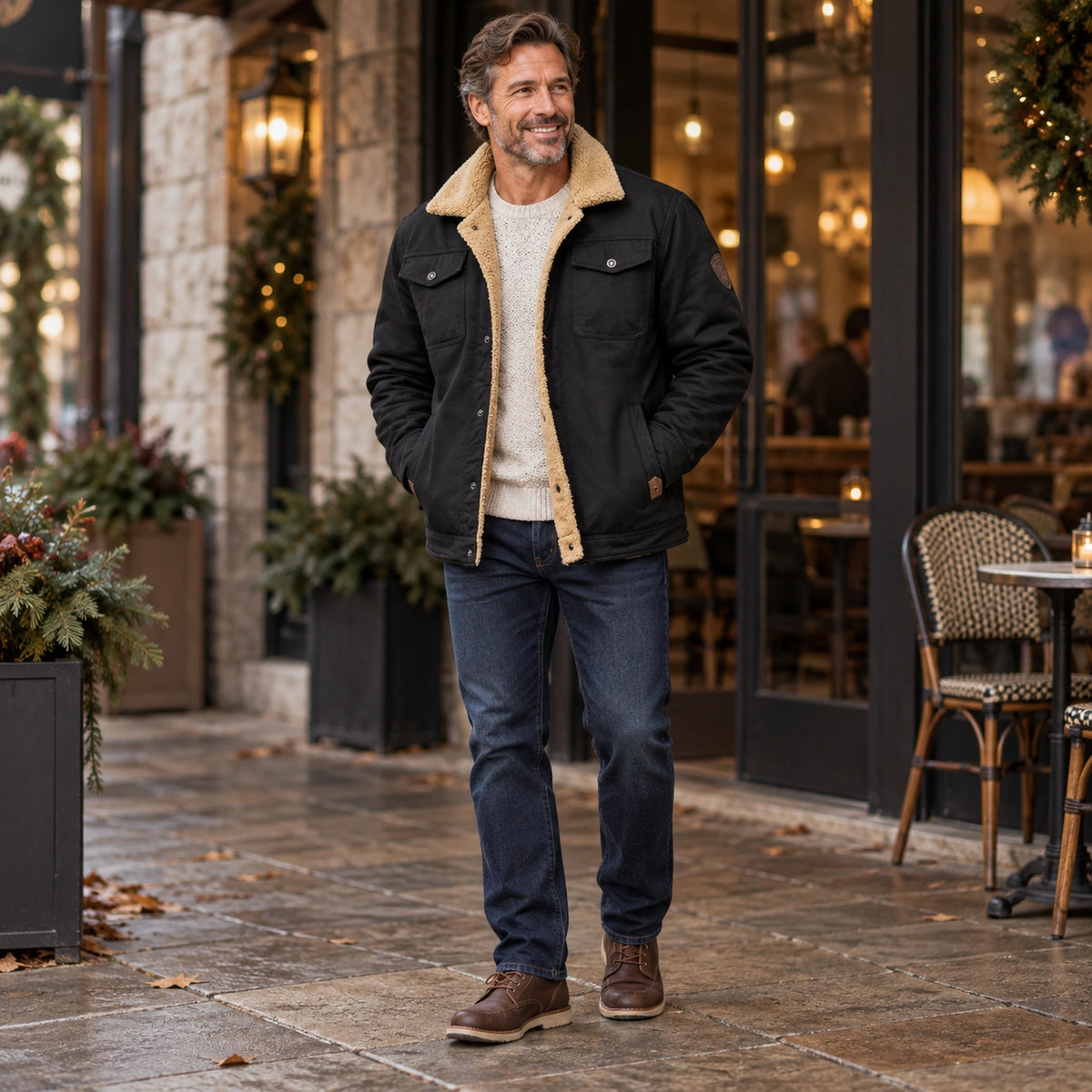 bomber jacket — Men's Sherpa Lined Snap Front Jacket — Logan — Black — full outfit while standing naturally by a — view 10