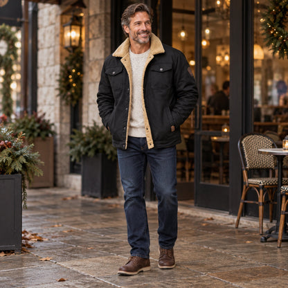 bomber jacket — Men's Sherpa Lined Snap Front Jacket — Logan — Black — full outfit while standing naturally by a — view 10