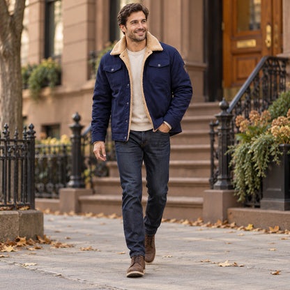 bomber jacket — Men's Sherpa Lined Snap Front Jacket — Logan — Navy — full outfit walking slowly along a tasteful — view 11
